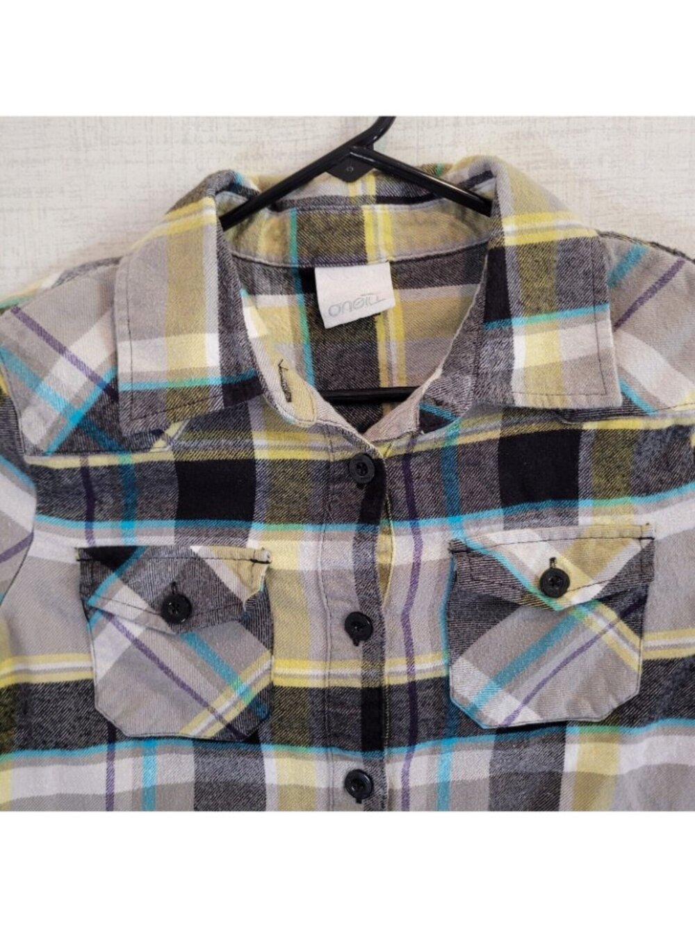 O'Neill Button Up Shirt Womens L Yellow Plaid Flannel Long Sleeve Top Pockets - Picture 2 of 11